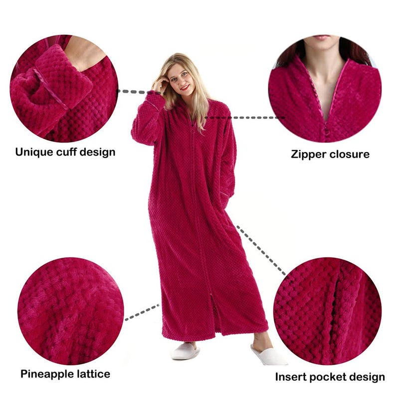 Oksun Womens Fleece Warm Robe: Cozy Flannel Long Zipper Bathrobe - Plush Winter Housecoat Nightgown (Red, Large) - Image 2